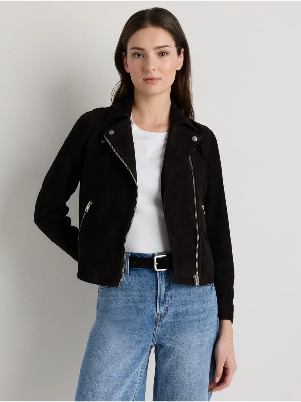 Quince Black Suede Moto Jacket with Silver Hardware